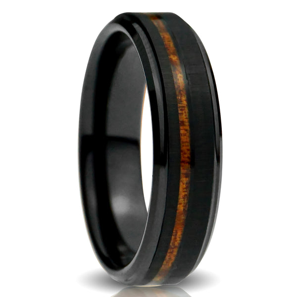black koa wood tungsten ring, 6mm weding ring, koa wood strip inlay, black brushed band