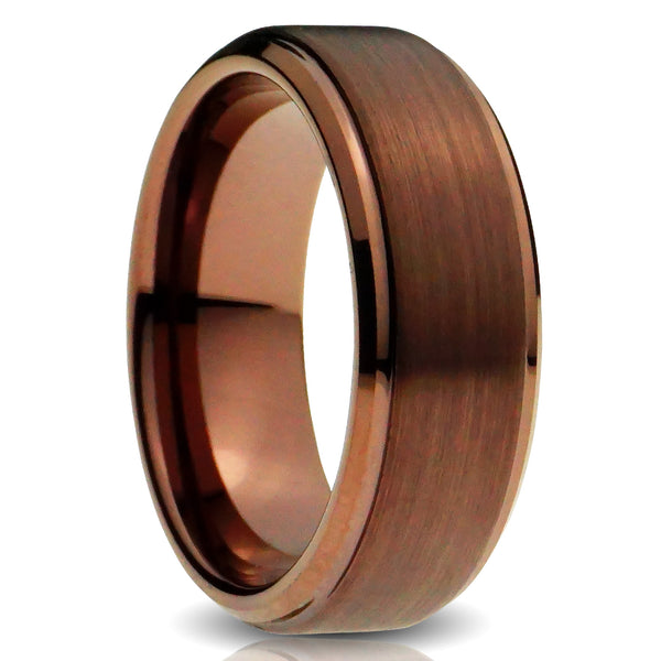 brown gentlemans wedding band, tungsten ring, brushed stepped finish, 8mm width brown chocolate espresso color plating, cut out photo