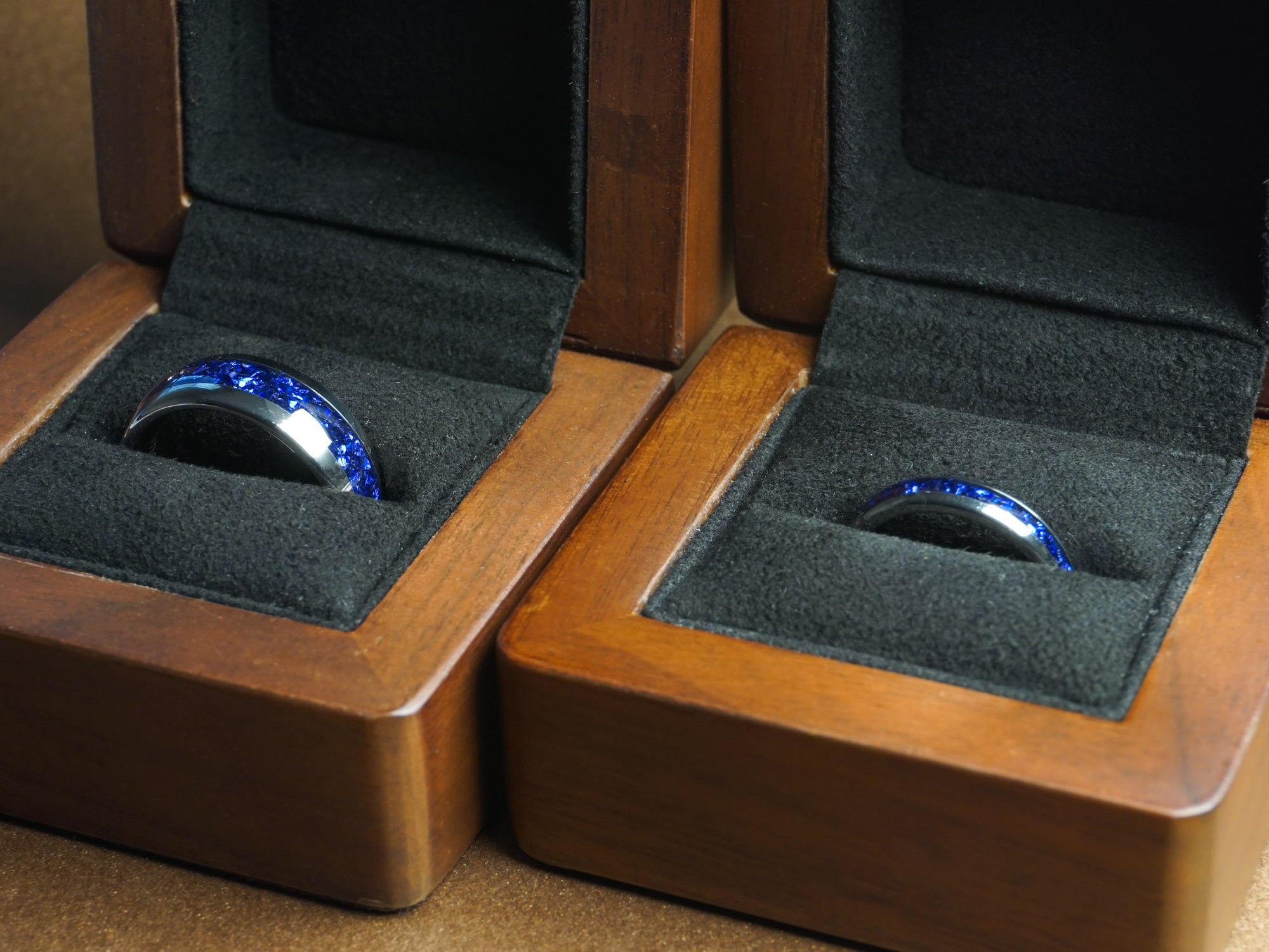 Matching Silver Sapphire Ring Set in Wooden Boxes - 8mm and 4mm
