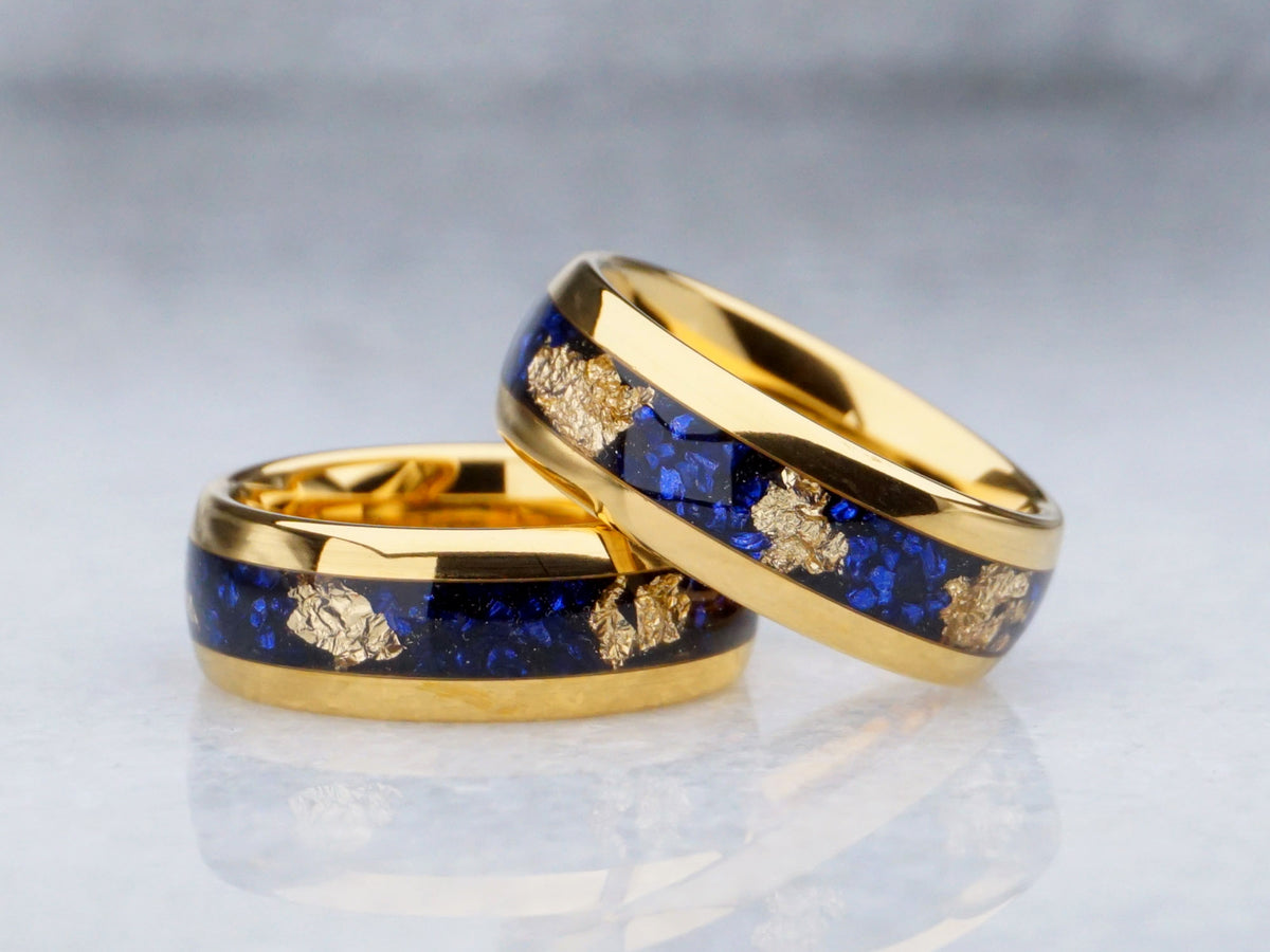 Gold Tungsten Ring with Gold Foil and Blue Lab-Created Sapphire Inlay ...