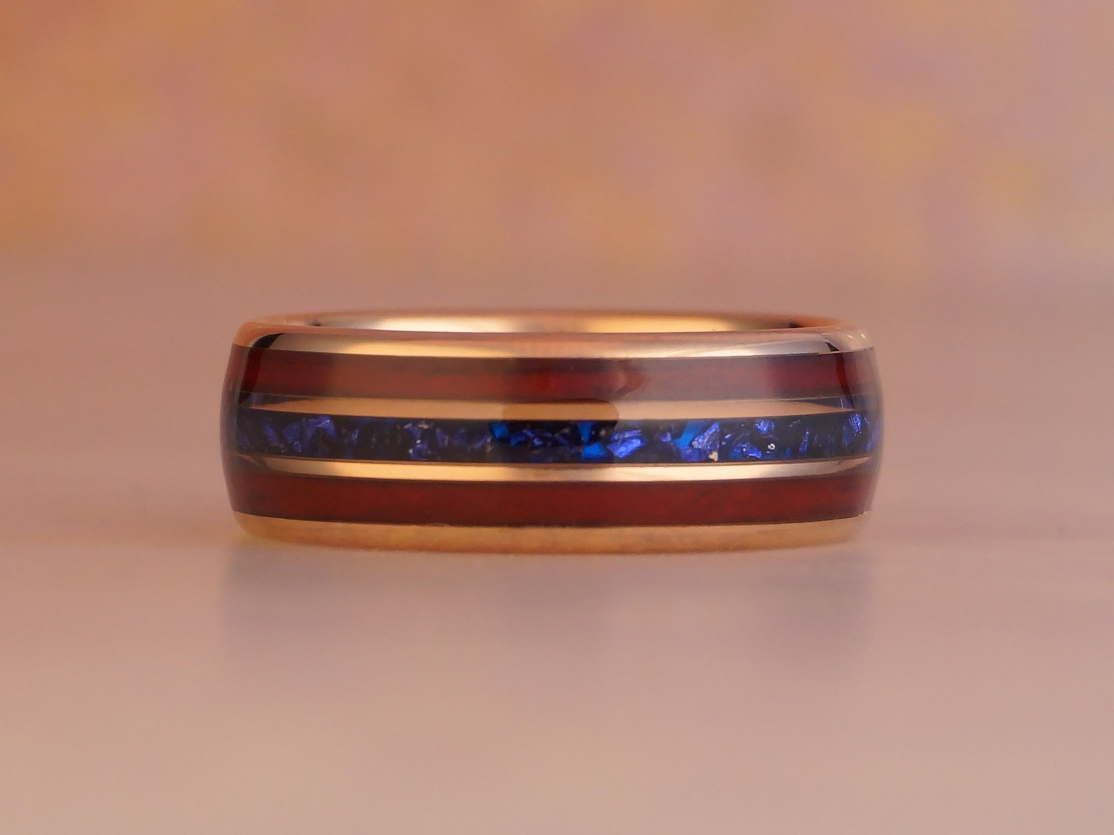 Rose Gold Redwood Sapphire Ring, Blue Lab Sapphire and Sequoia Inlays - 8MM