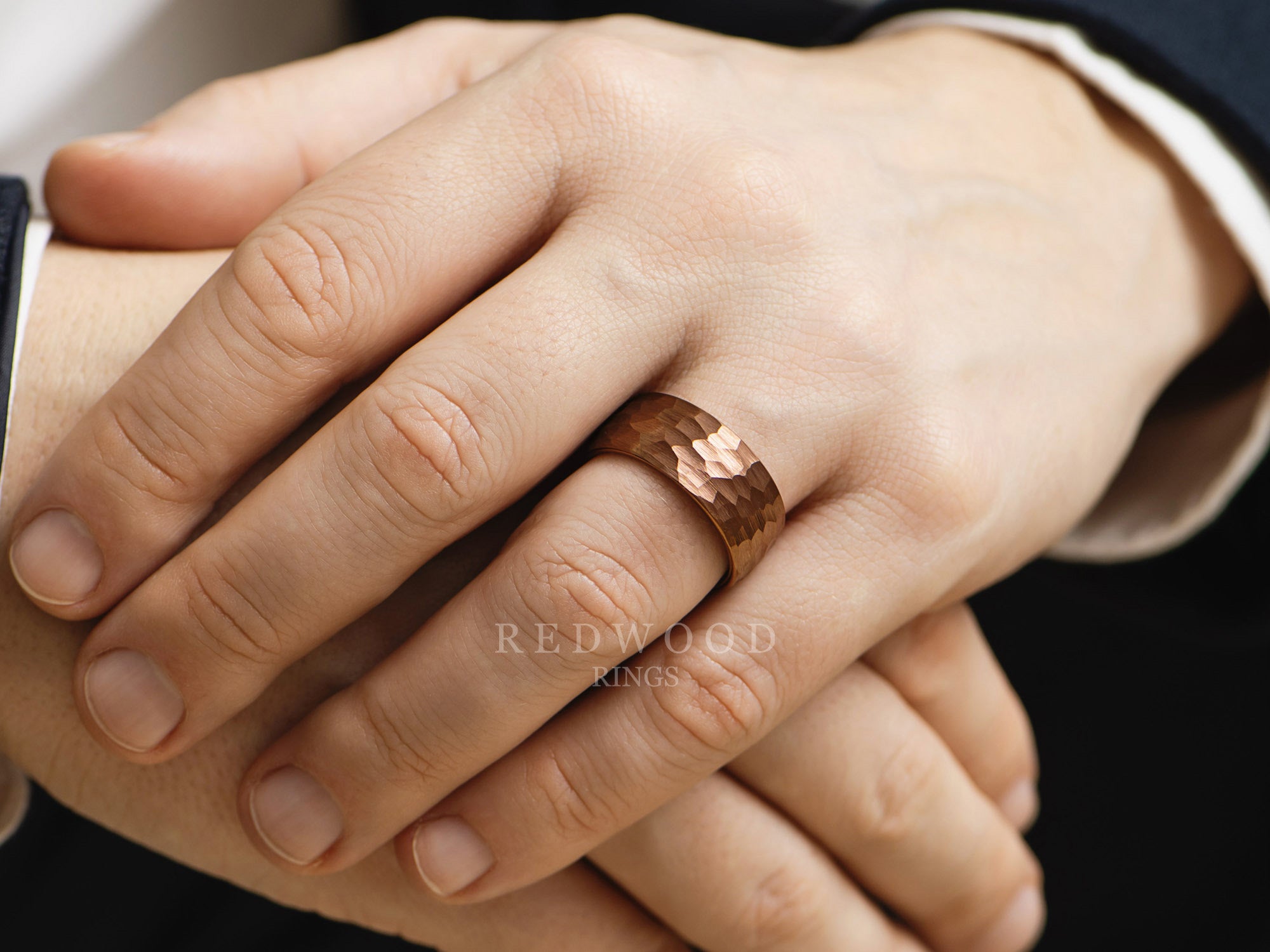 10mm brown hammered tungsten ring, mens hand photo