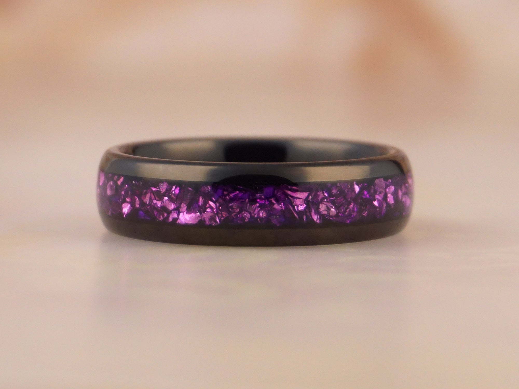 Black Tungsten Ring with Lab-Created Amethyst Inlay - 6MM