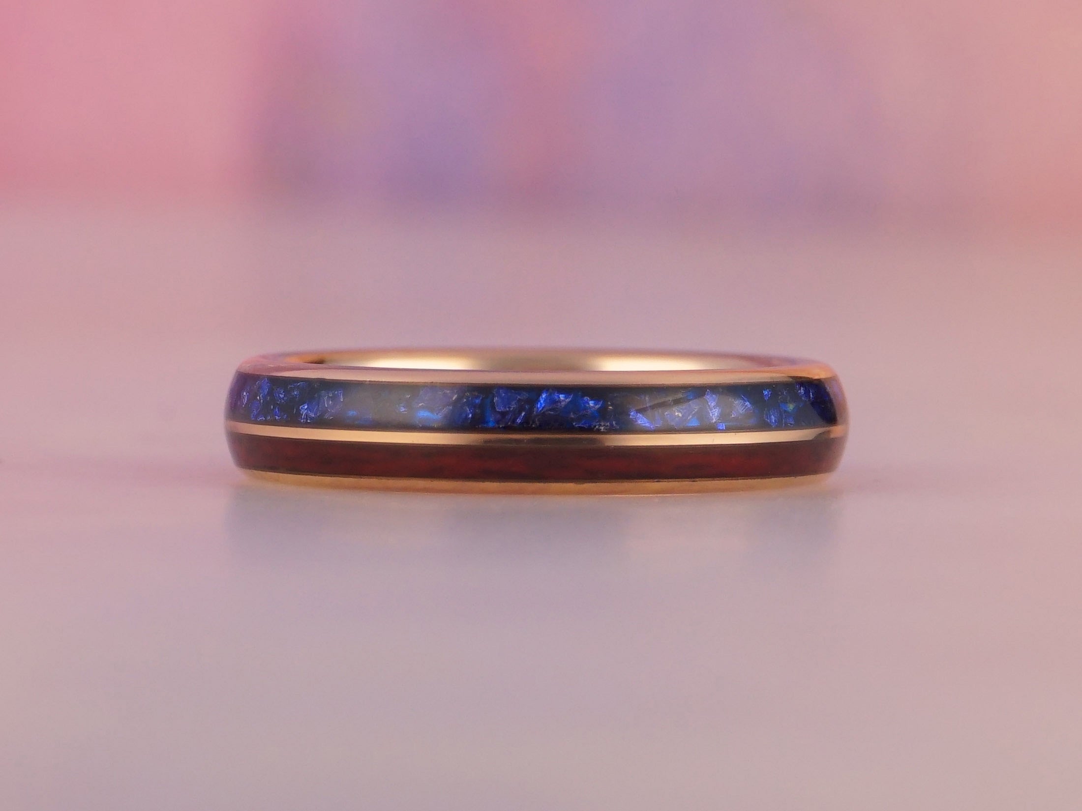 Rose Gold Redwood Sapphire Ring, Blue Lab Sapphire and Sequoia Inlays - 4MM