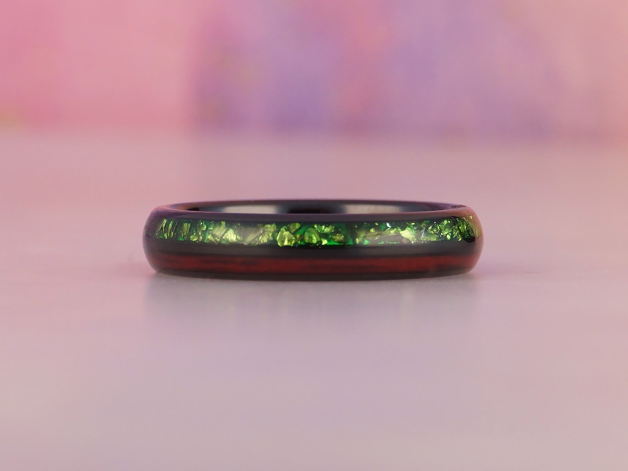 Black Redwood Emerald Ring, Sequoia Wood and Green Lab Created Emerald Inlays - 4MM