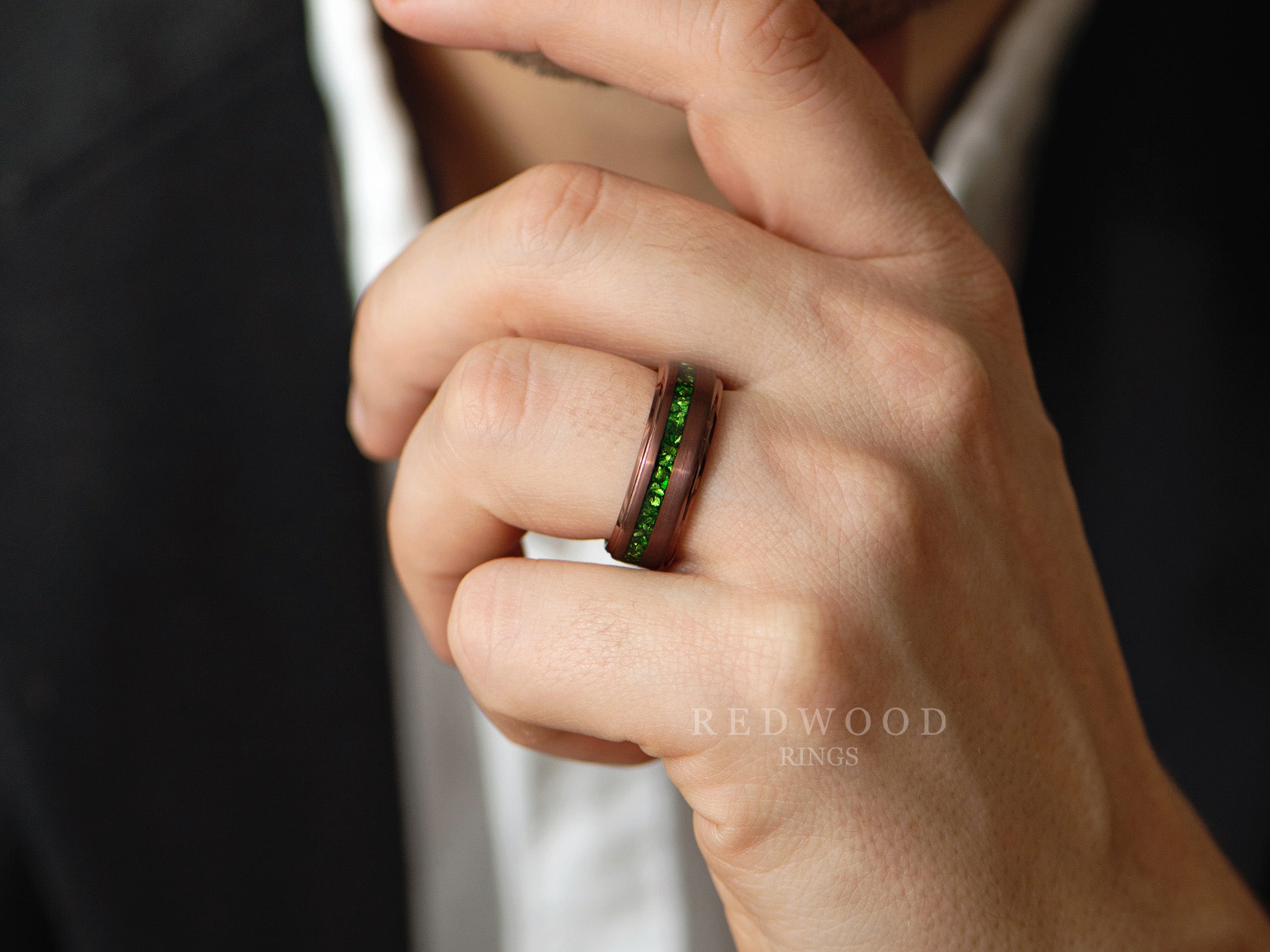 chocolate gold emerald ring, brown tungsten with lab emerald, mens hand photo