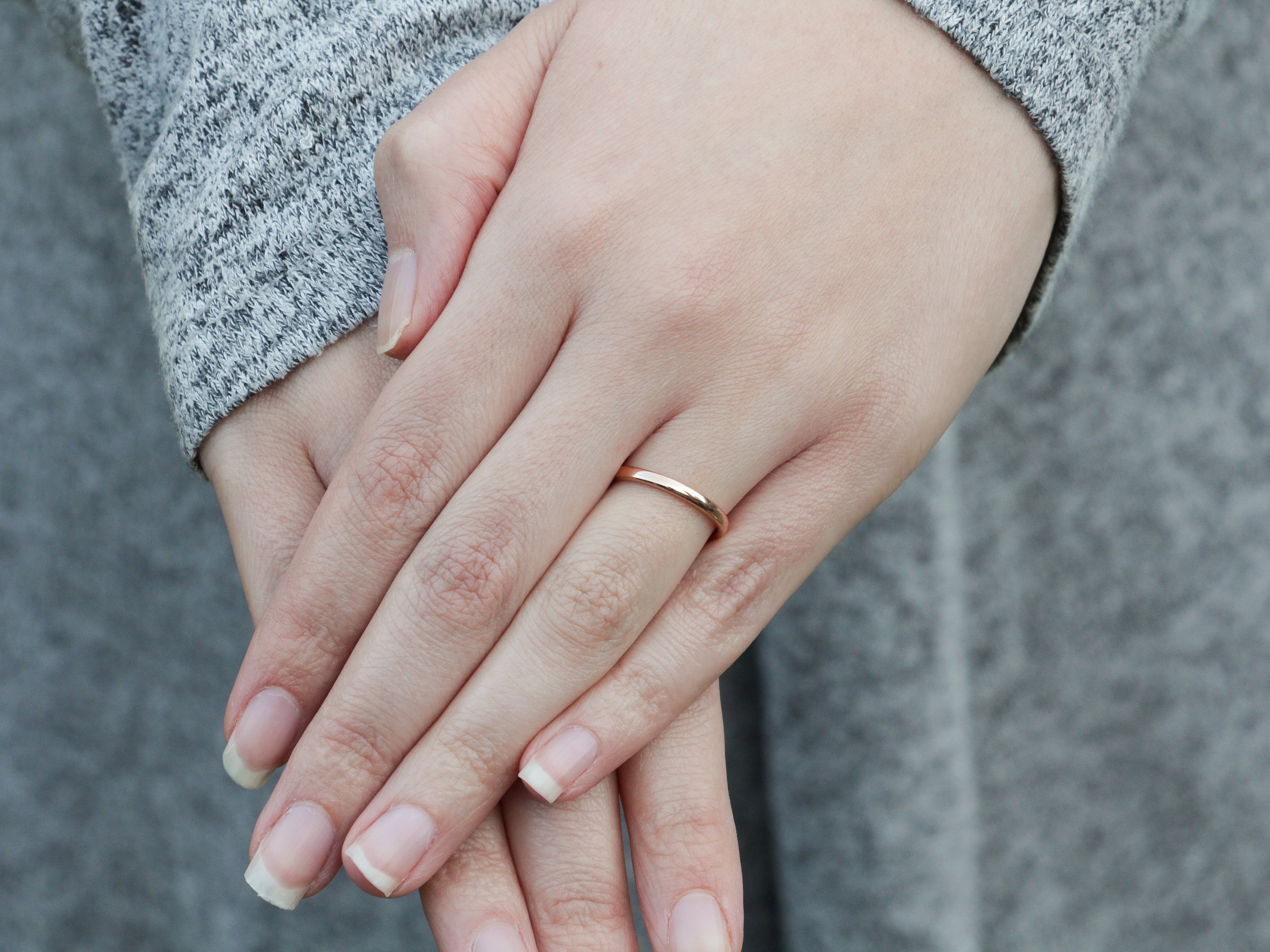 2mm rose gold ring small polished tungsten band annulet minimalist hand photo