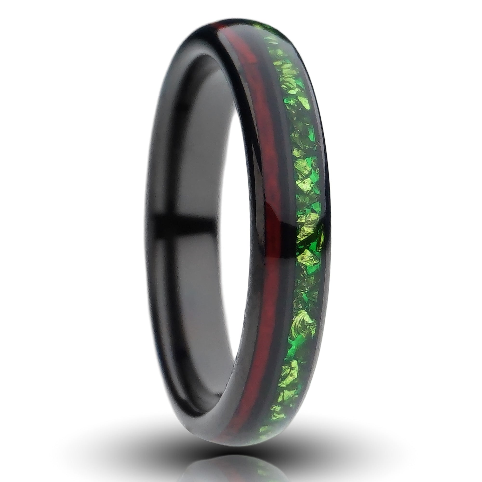 Black Redwood Emerald Ring, Sequoia Wood and Green Lab Created Emerald Inlays - 4MM