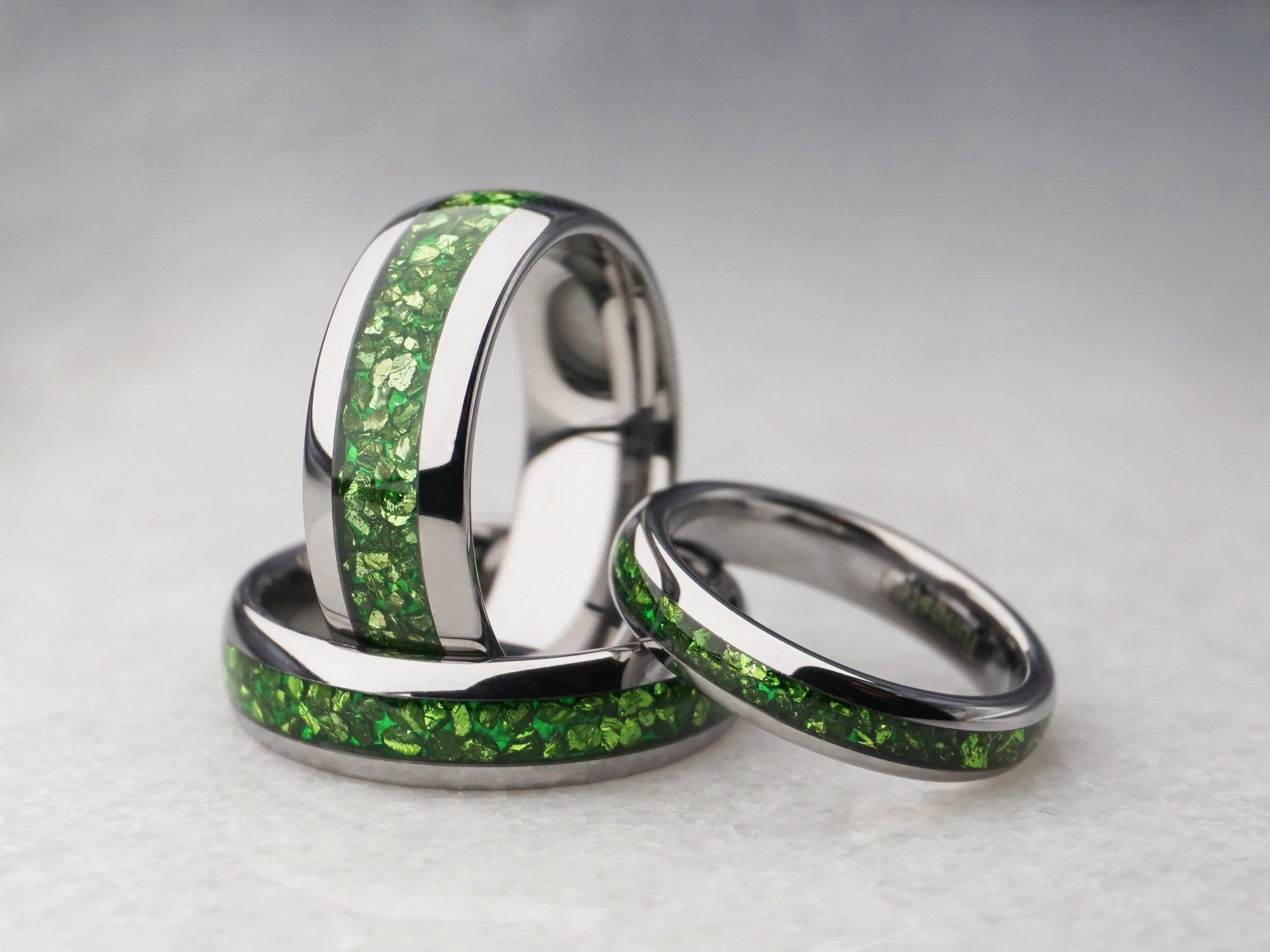 Matching Silver Tungsten Rings with Green Lab Emerald - 4MM, 6MM, 8MM