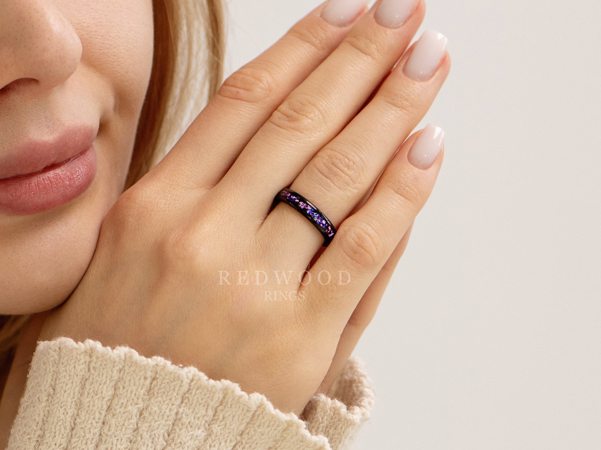 4mm black alexandrite tungsten ring, womens hand photo