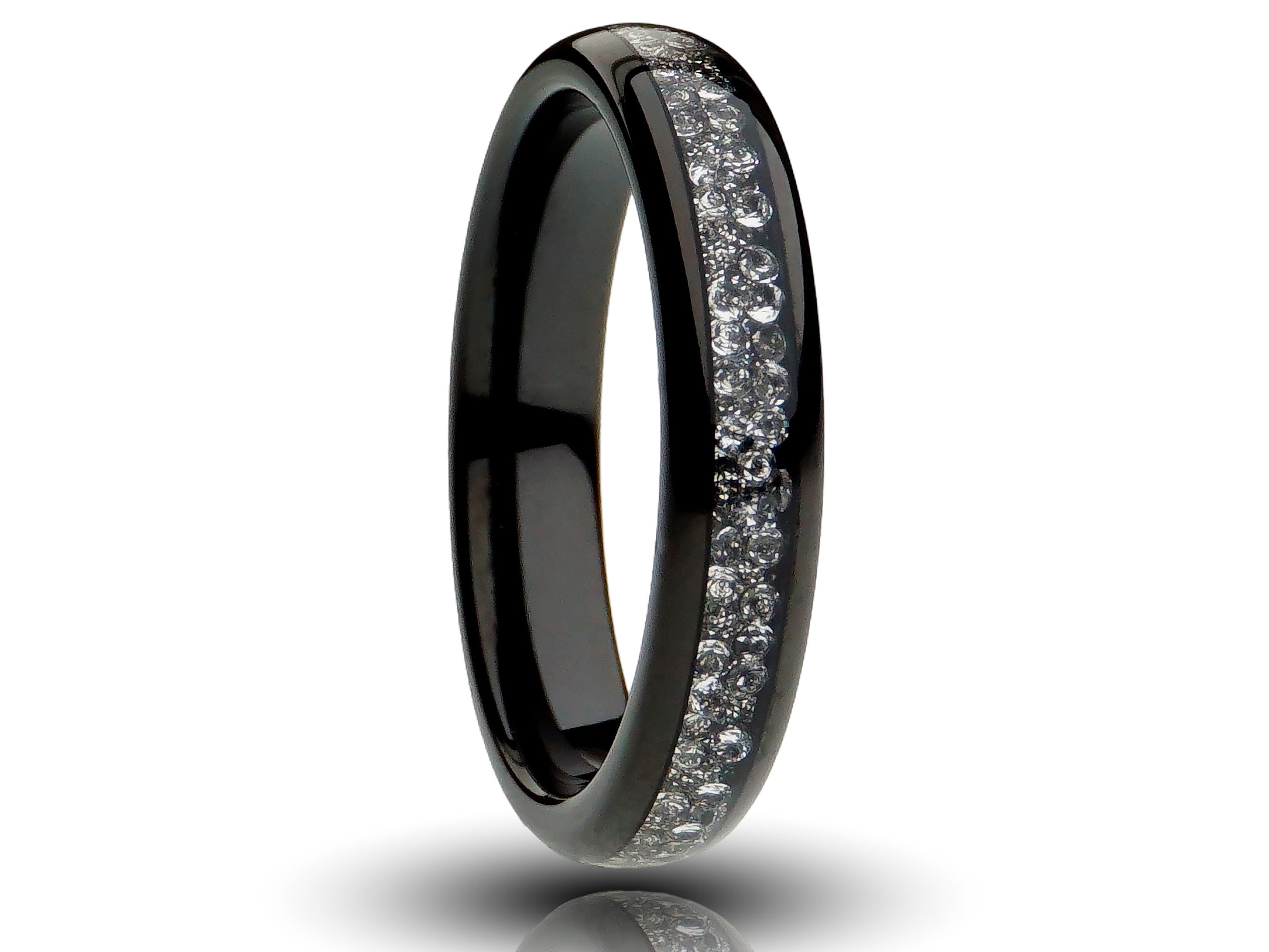 4mm black diamond tungsten ring, white lab created diamond inlay, black plated tungsten, comfort fit womens wedding band, cutout