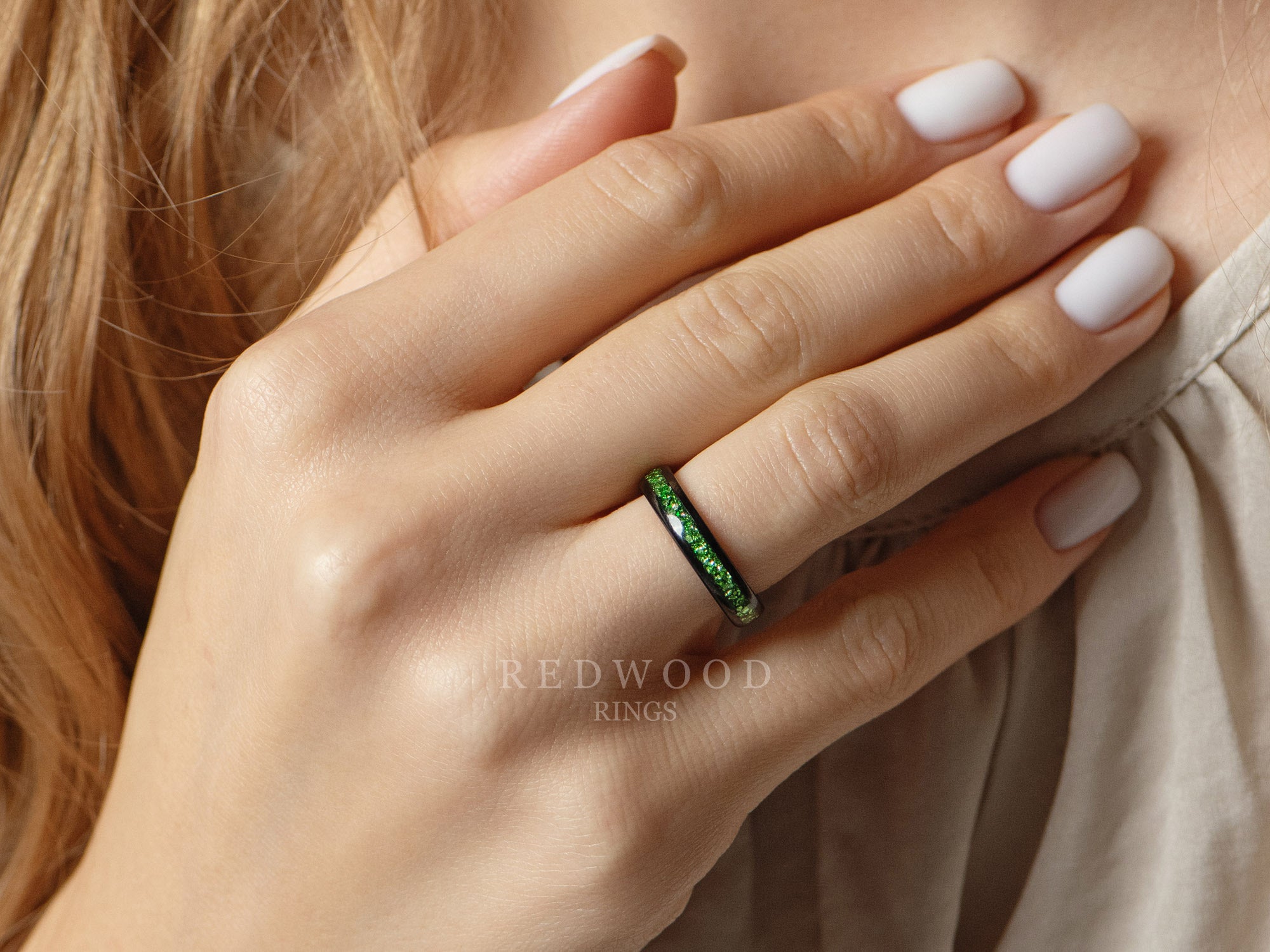 4mm black emerald ring, womens hand photo, watermarked