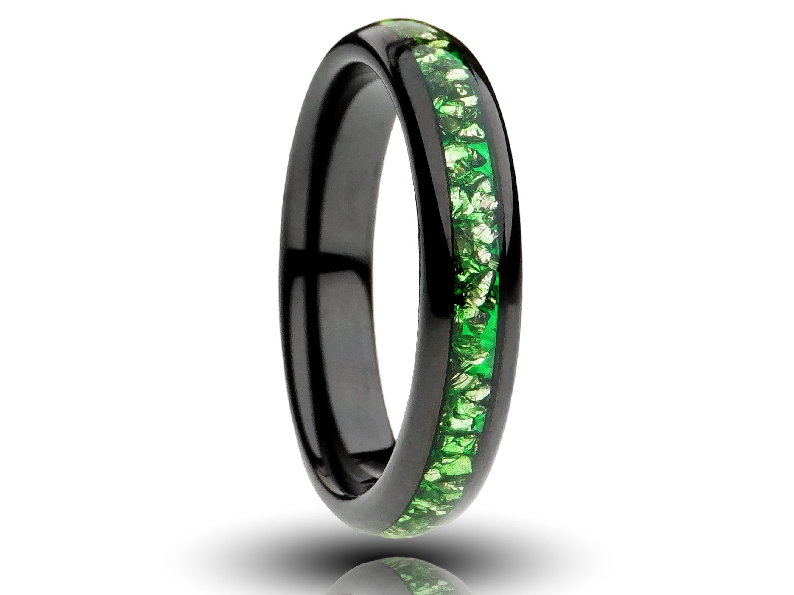 4mm black emerald tungsten ring, green lab created emerald inlay, black plated tungsten, comfort fit womens wedding band, cutout