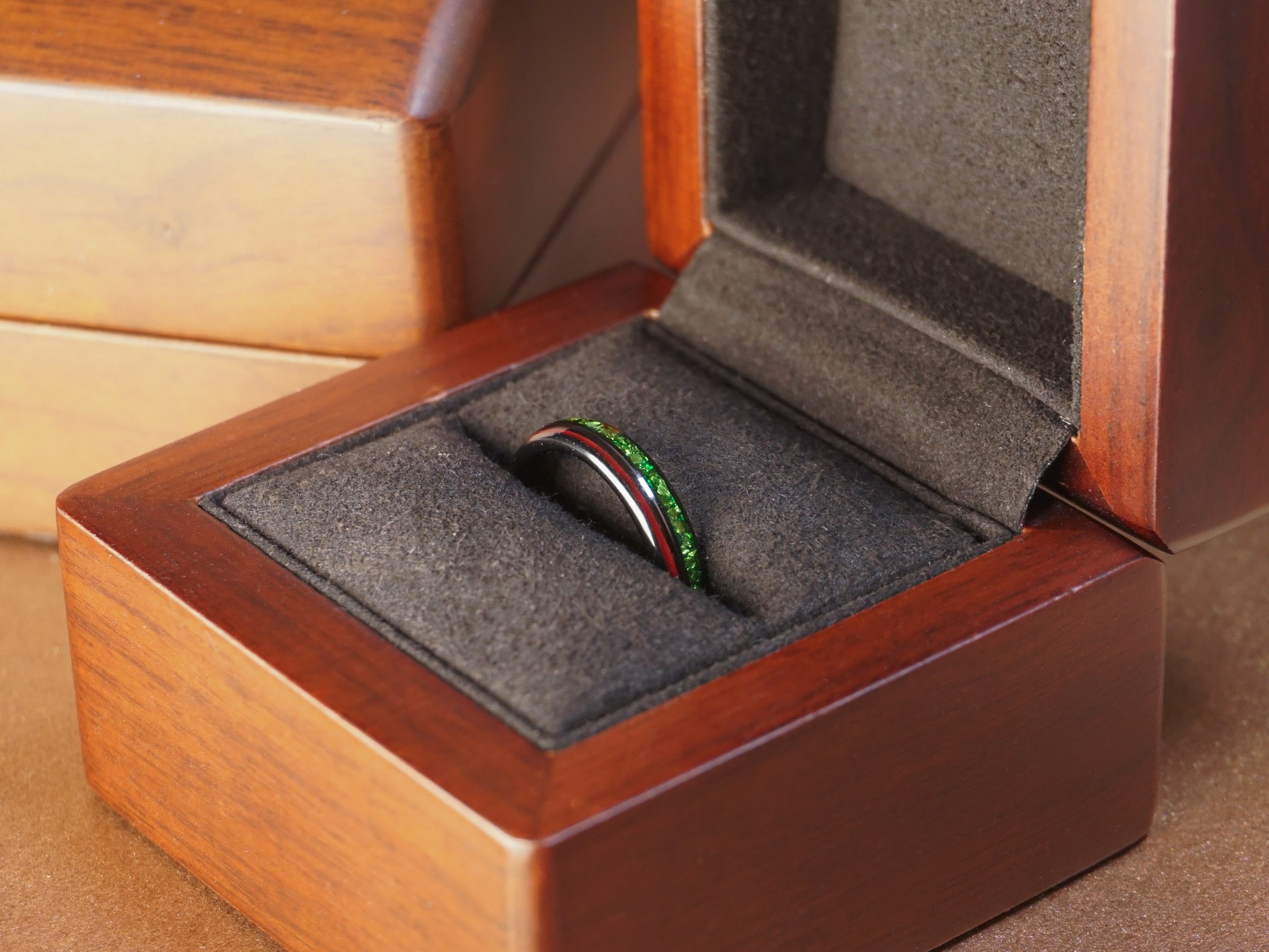 Black Redwood Emerald Ring, Sequoia Wood and Green Lab Created Emerald Inlays - 4MM