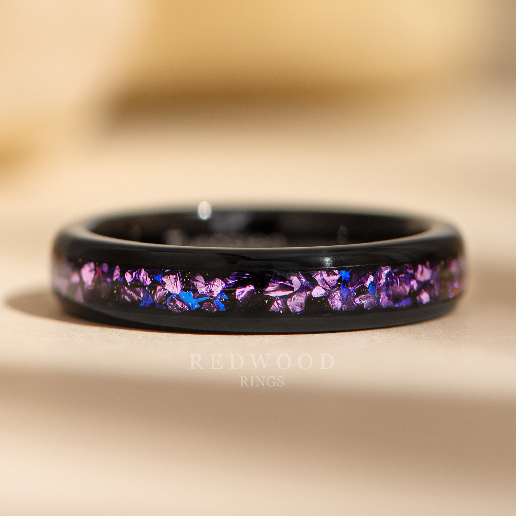4mm black tungsten ring with purple lab alexandrite inlay, womens gemstone ring