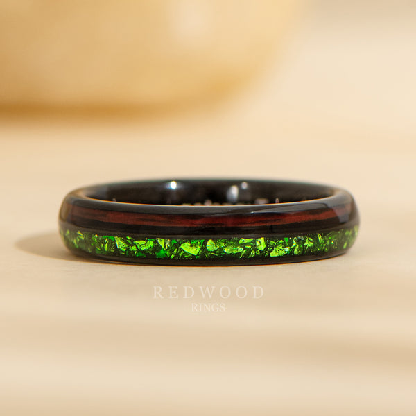 4mm black tungsten ring with redwood and green emerald dual inlays, forest inspired womens ring