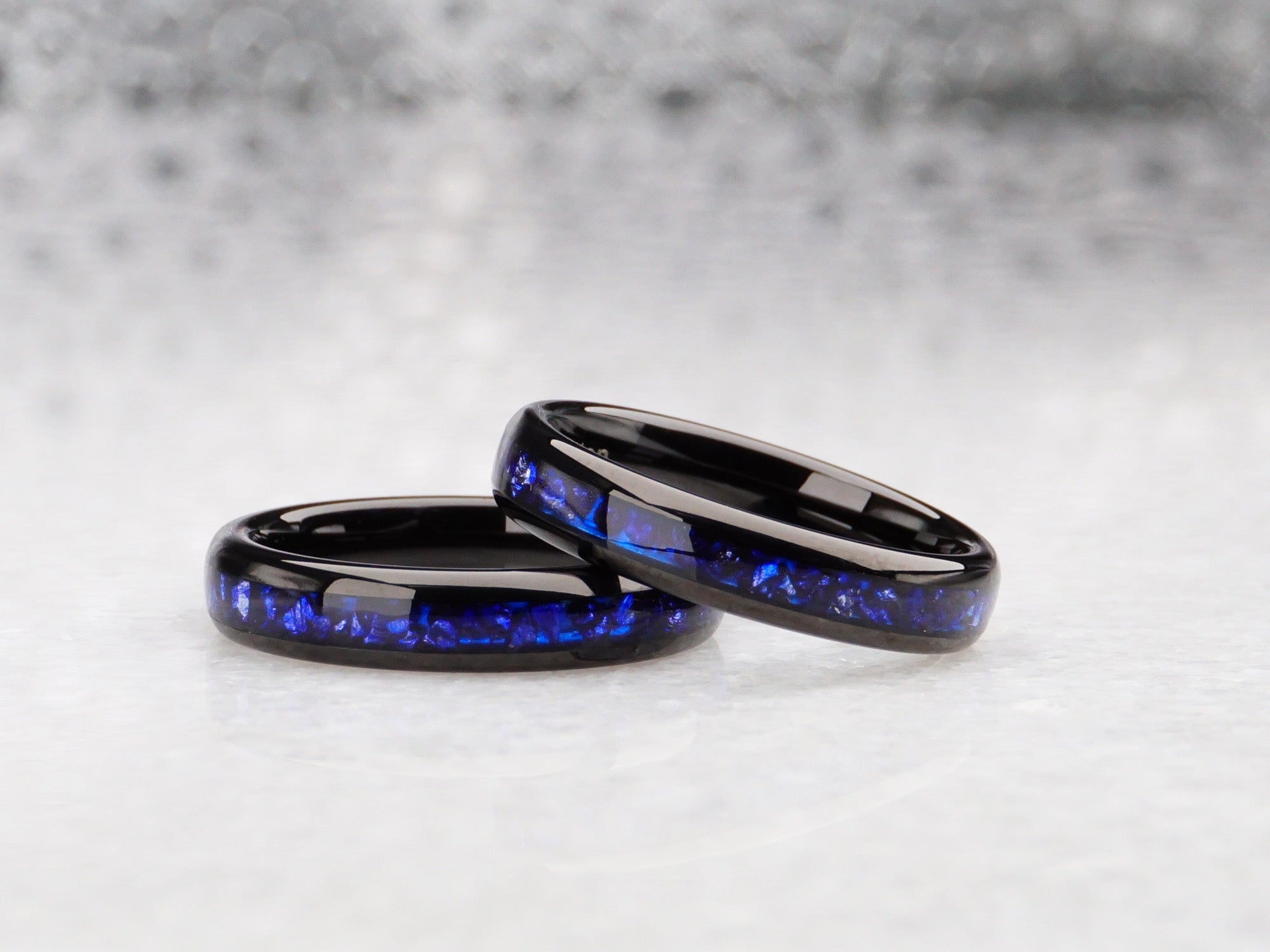 4mm blue sapphire ring, polished black tungsten ring with dark blue lab sapphire gemstone inlay, modern womens wedding band