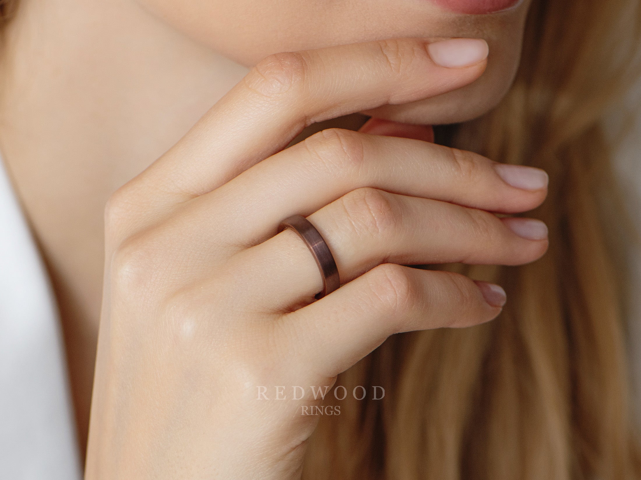 4mm brown brushed flat ring, womens hand photo