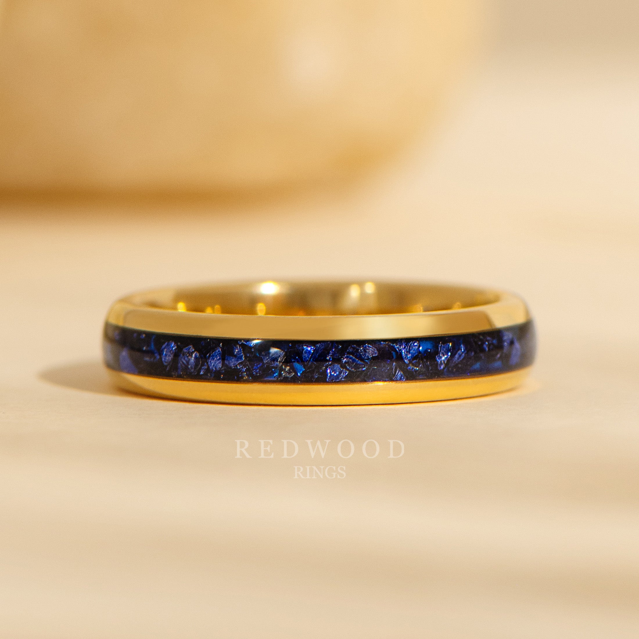 4mm gold tungsten ring with blue lab sapphire inlay, womens promise ring