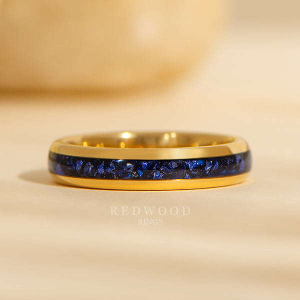 4mm gold tungsten ring with blue lab sapphire inlay, womens promise ring