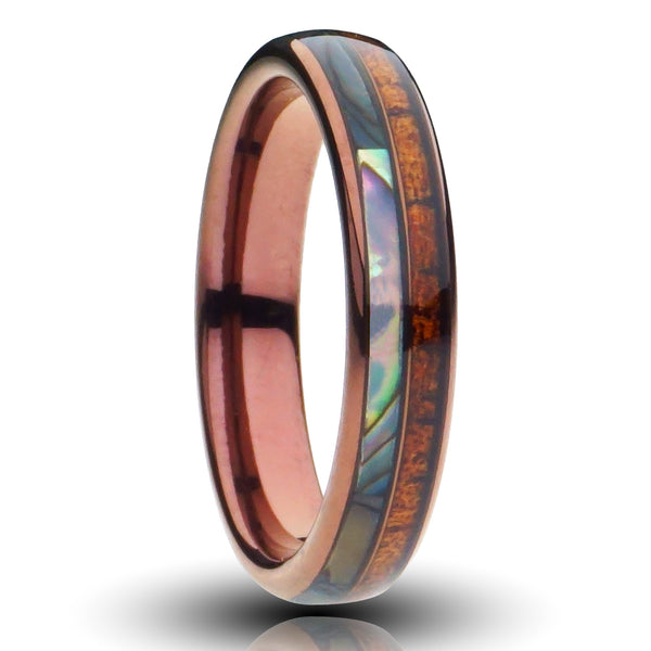 4mm hawaiian tungsten ring, dual koa wood and abalone shell inlays, brown polished tungsten, womens wedding band, cutout photo