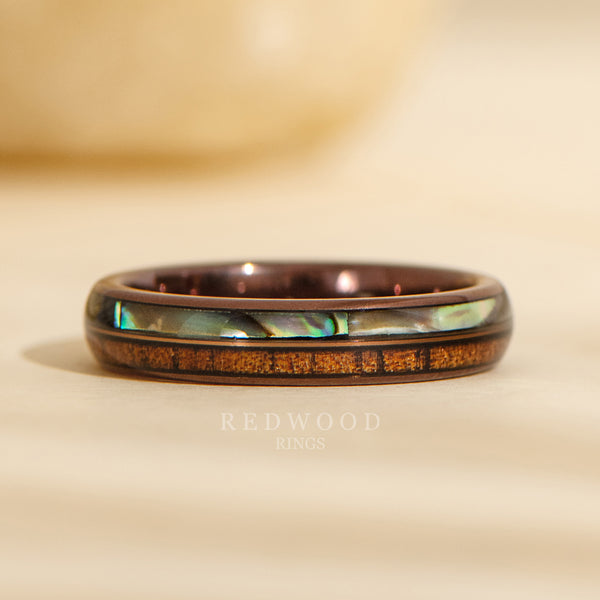 4mm koa wood and abalone ring, brown plated womens hawaiian tungsten ring