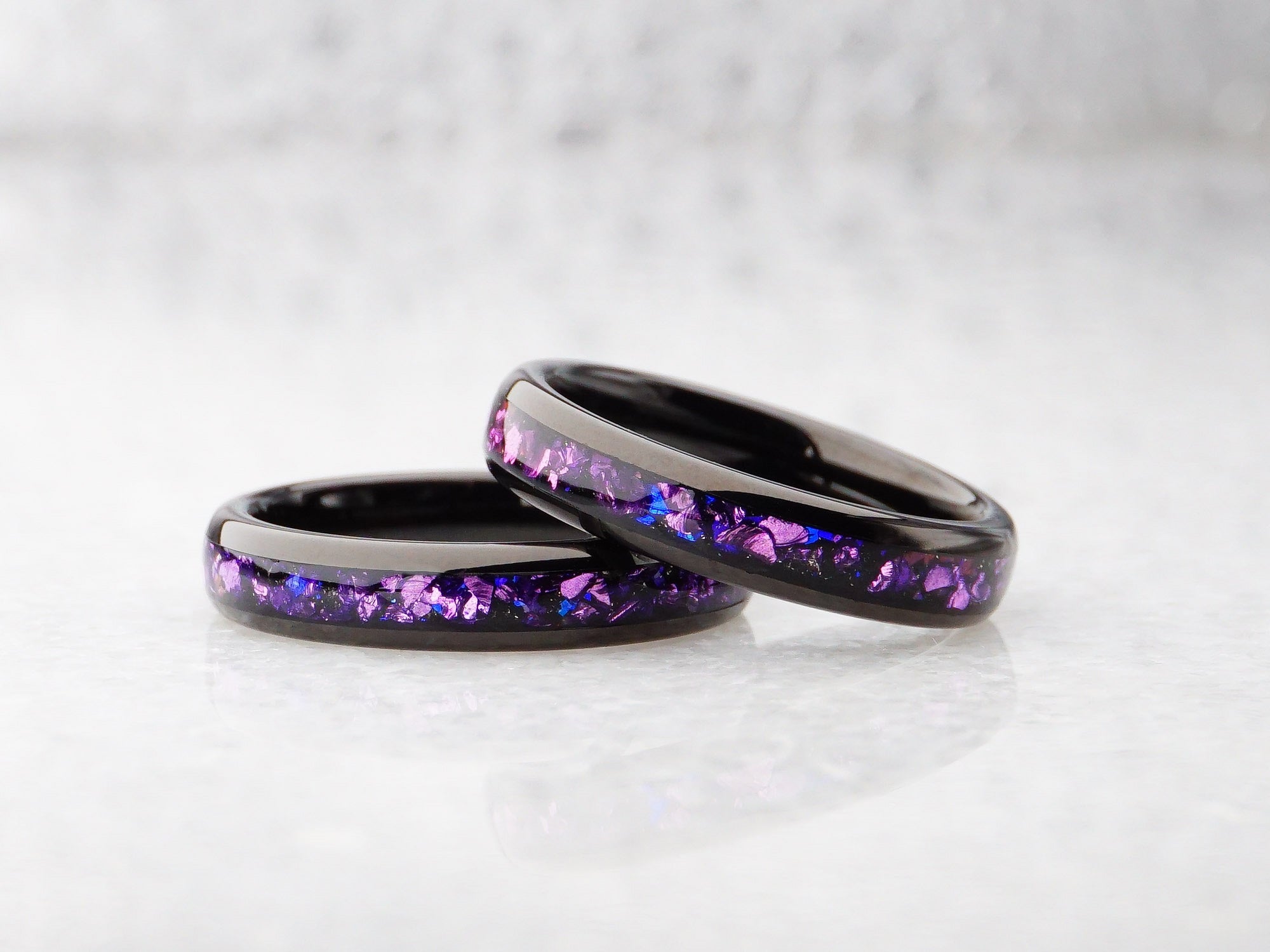 4mm purple alex and rite ring, polished black tungsten ring with purple lab alexandrite gem stone inlay, modern ring