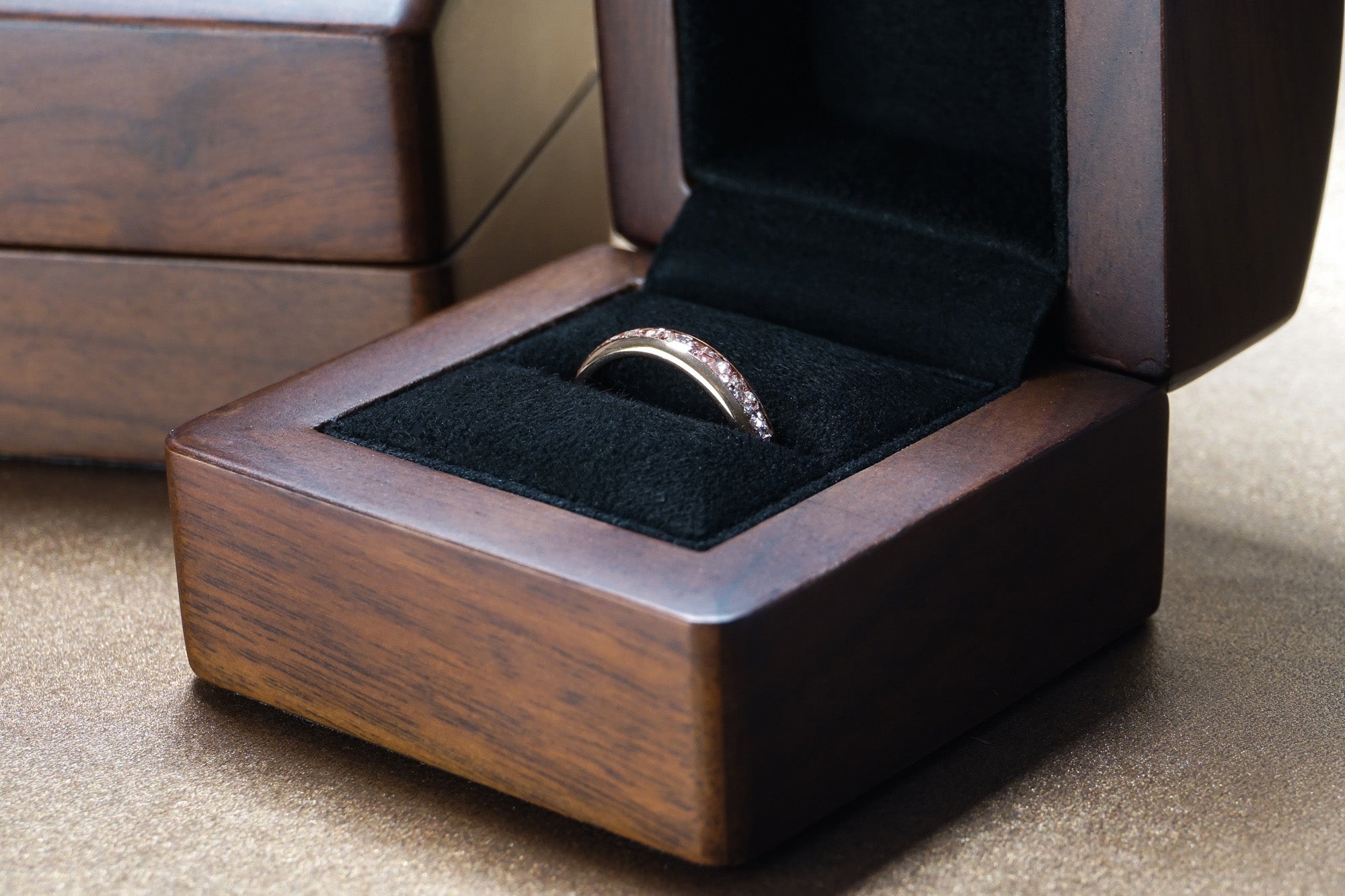 4mm rose gold morganite tungsten ring in a luxury wood ring box rose gold polished ring with pink morganite inlay