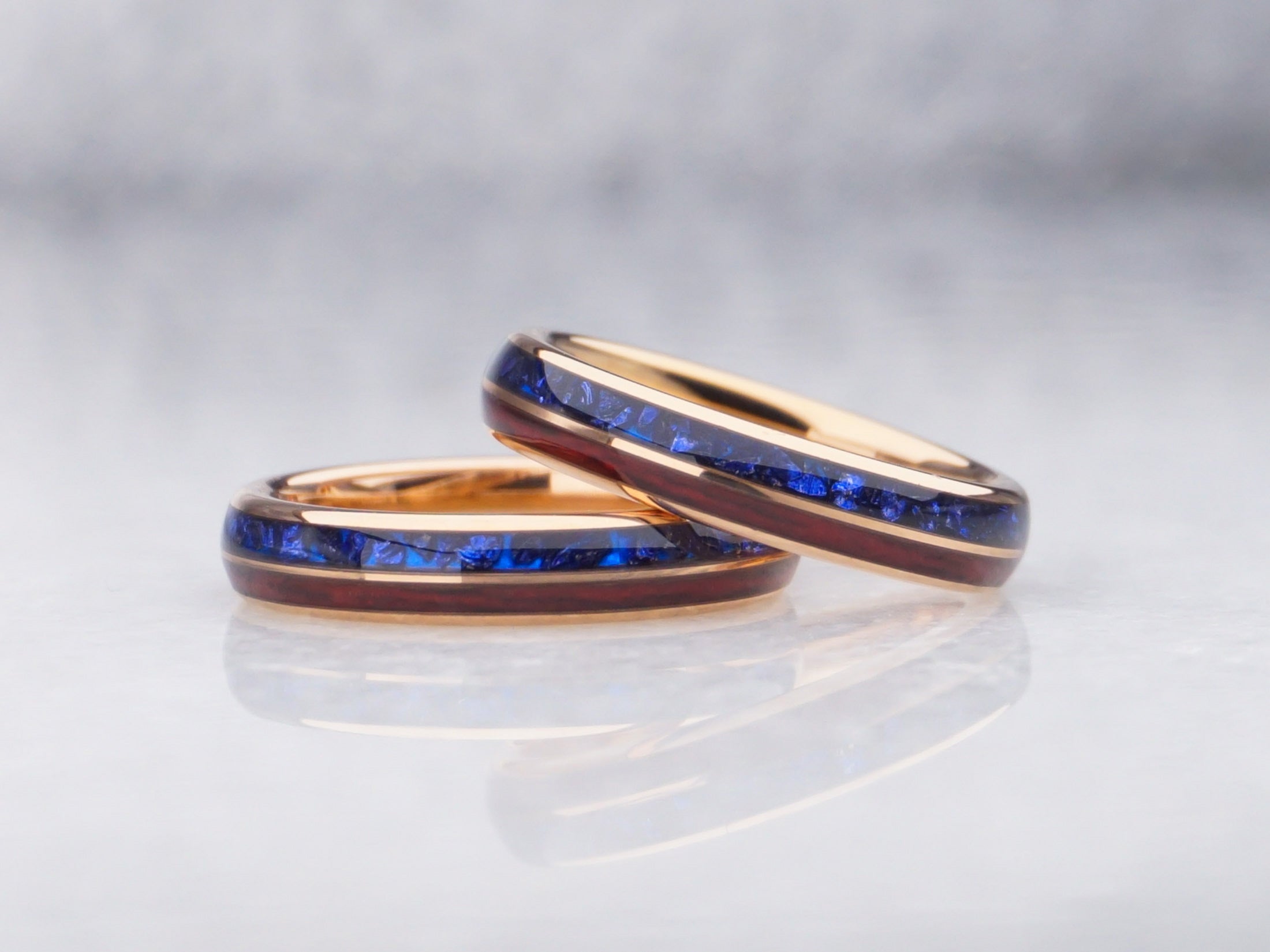 Rose Gold Redwood Sapphire Ring, Blue Lab Sapphire and Sequoia Inlays - 4MM