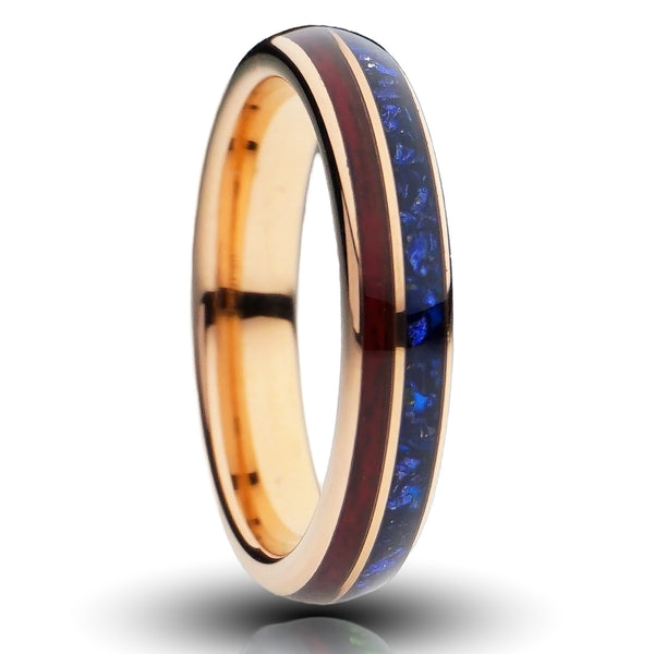 Rose Gold Redwood Sapphire Ring, Blue Lab Sapphire and Sequoia Inlays - 4MM