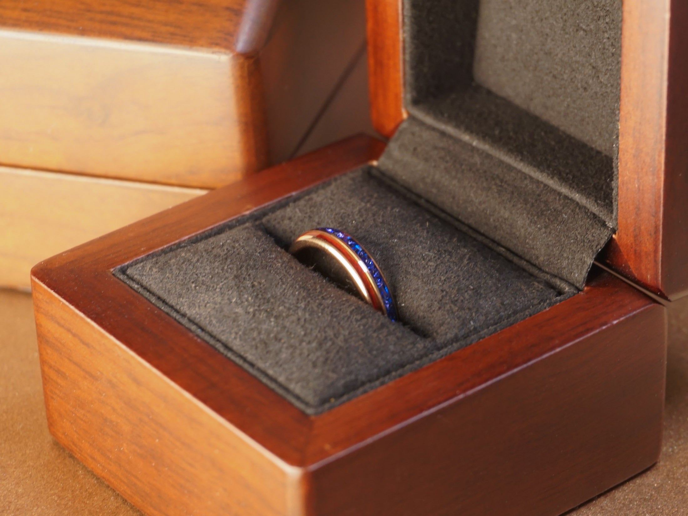 Rose Gold Redwood Sapphire Ring, Blue Lab Sapphire and Sequoia Inlays - 4MM