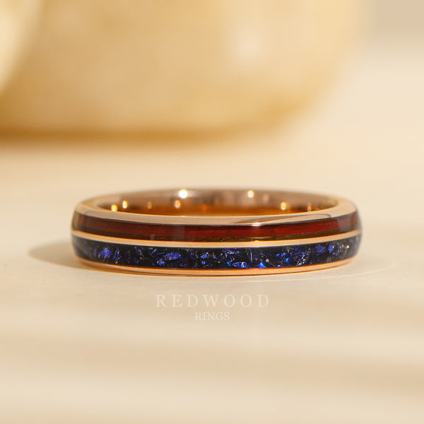 4mm rose gold tungsten ring with redwood and blue sapphire dual inlays, unique womens band