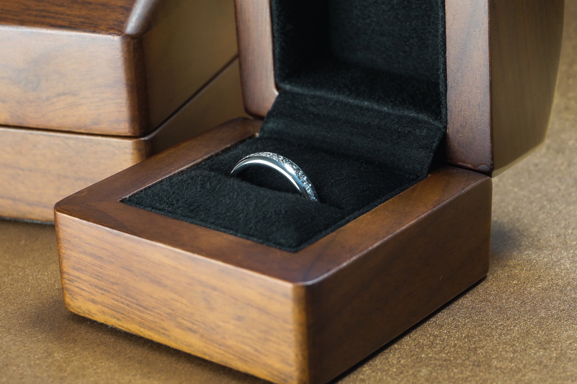 4mm silver diamond tungsten ring in a luxury wood ring box, silver polished ring with white lab diamond inlay