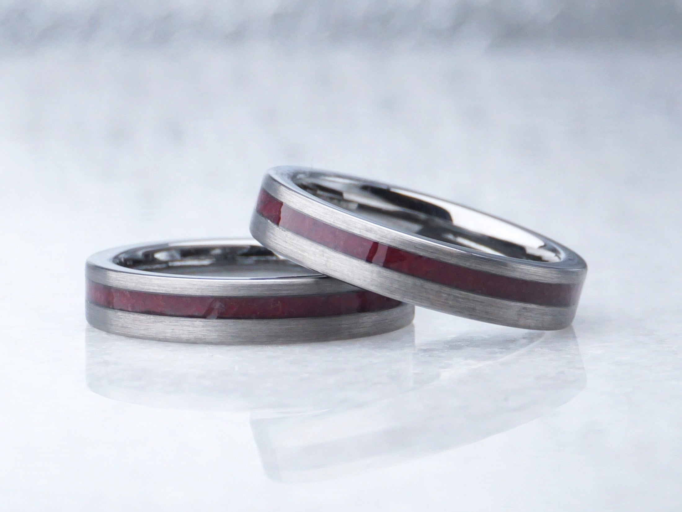 4mm silver flat ring with genuine garnet inlay, unplated silver tungsten ring with brushed finish and red genuine garnet, modern mens wedding ring
