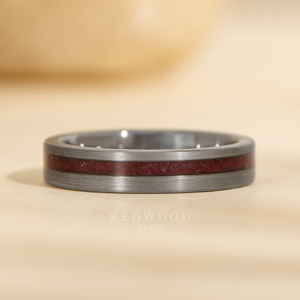 4mm silver garnet ring, flat tungsten with genuine garnet gemstone inlay, womens wedding band