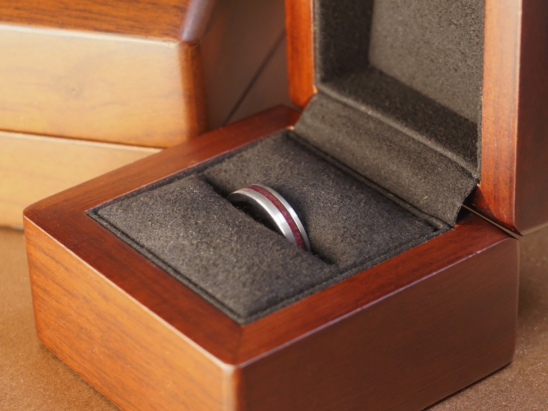 4mm silver genuine garnet ring in a luxury wood ring box, flat brushed silver tungsten womens ring with red garnet strip