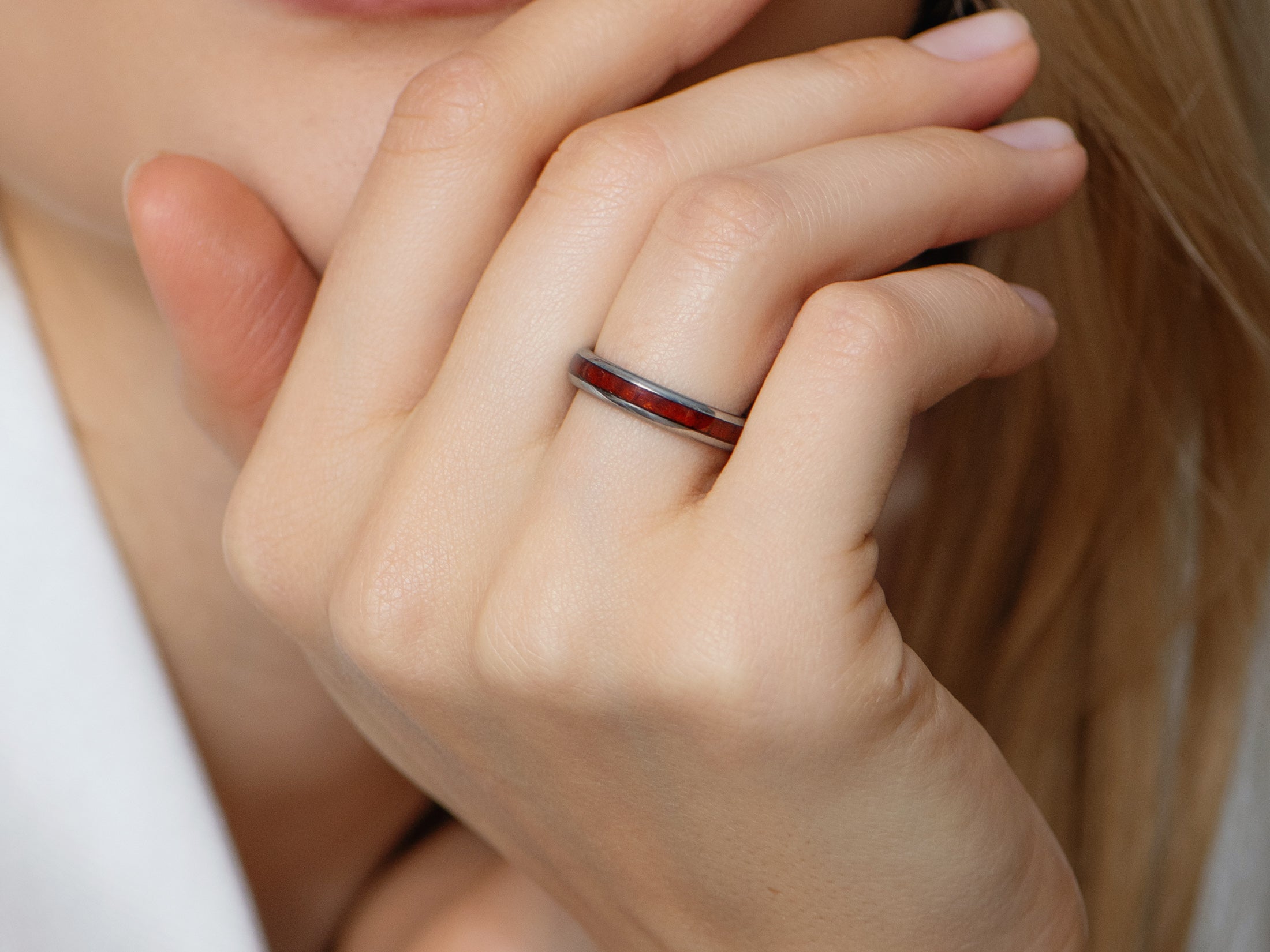 4mm silver redwood ring, womens hand photo