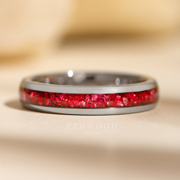 4mm silver tungsten ring with red lab garnet inlay, womens birthstone promise ring