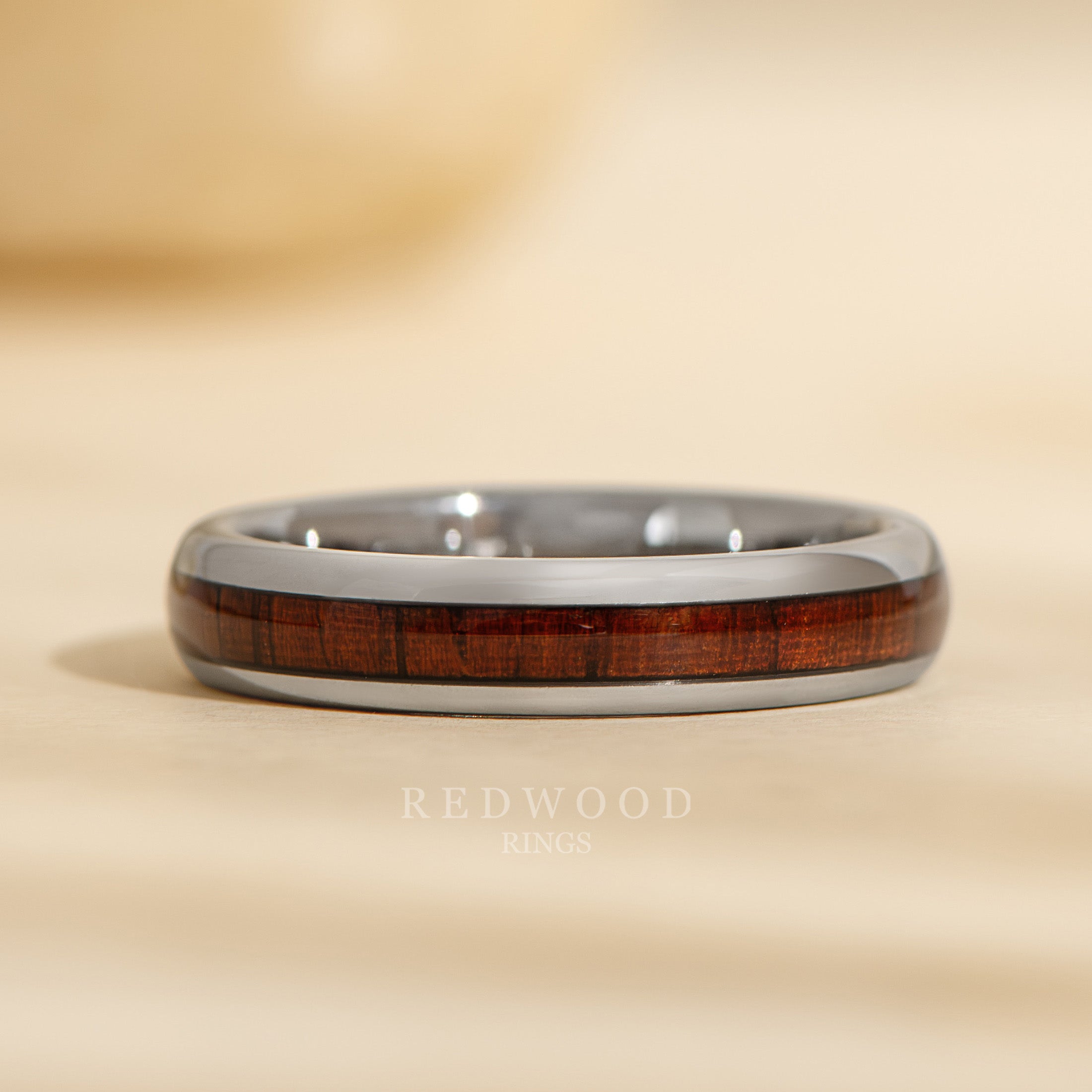 4mm silver tungsten ring with sequoia redwood inlay, womens california ring