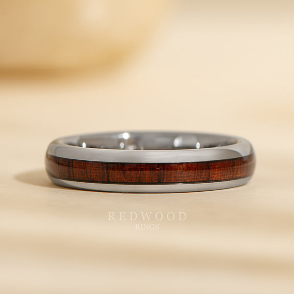 4mm silver tungsten ring with sequoia redwood inlay, womens california ring