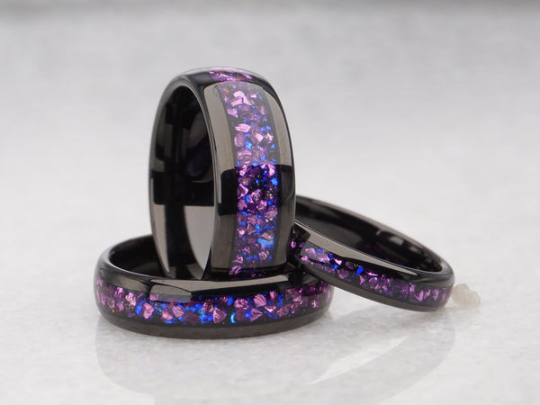 Matching Black Tungsten Rings with Purple Lab Alexandrite - 4MM, 6MM, 8MM