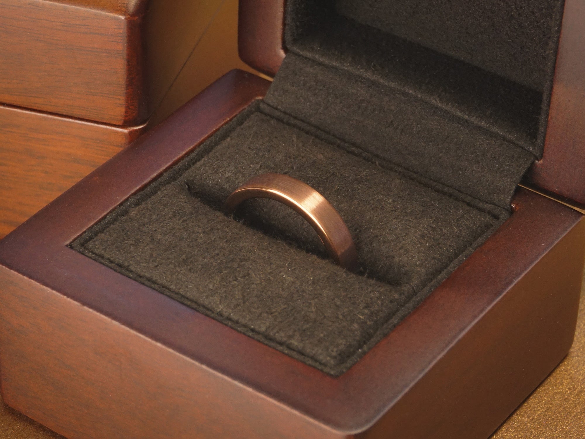 brown tungsten ring, flat coffee brown brushed matte 4mm ring, minimalist mens wedding band, luxury wood ring box.