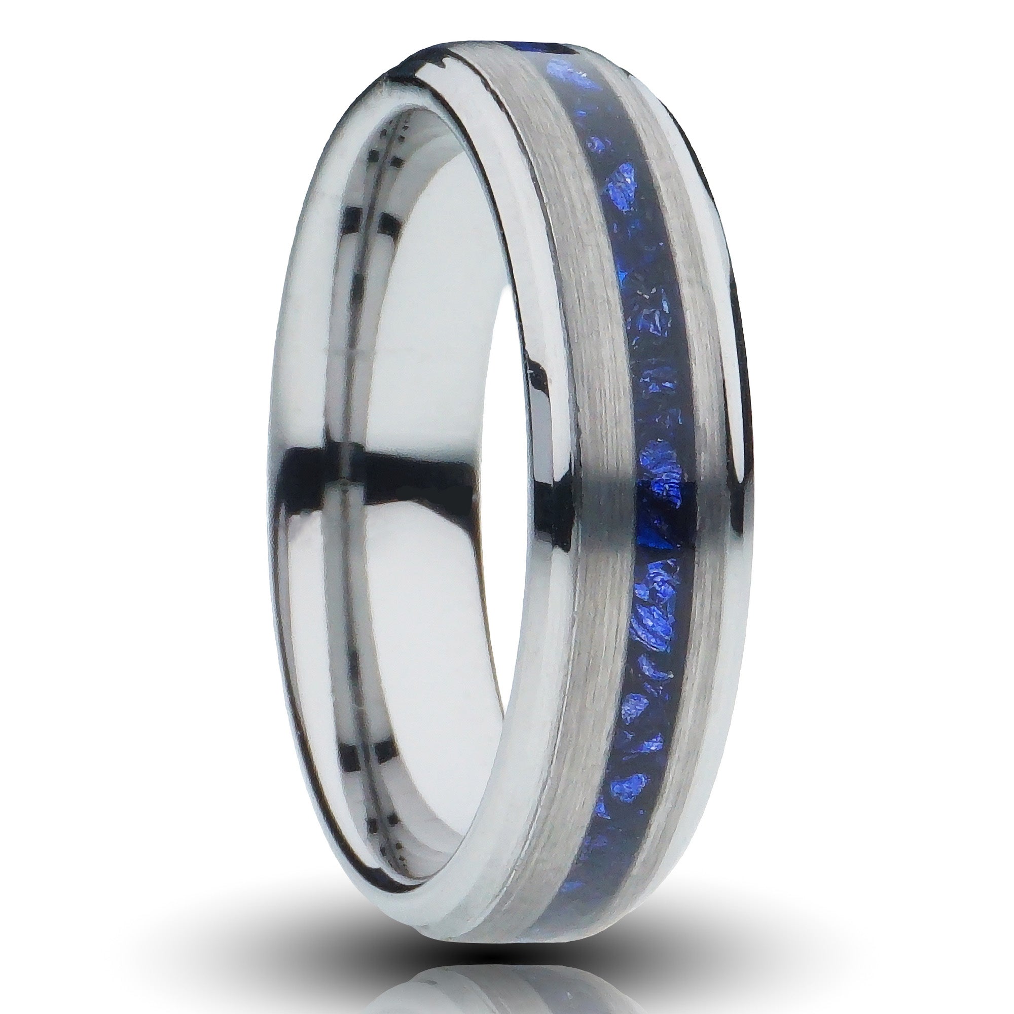 6mm Silver sapphire gentlemans band, lab grown offset blue sapphire inlay, unplated silver tungsten, brushed finish with stepped edges, cutout photo