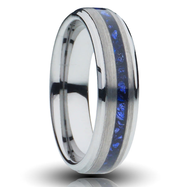 6mm Silver sapphire gentlemans band, lab grown offset blue sapphire inlay, unplated silver tungsten, brushed finish with stepped edges, cutout photo