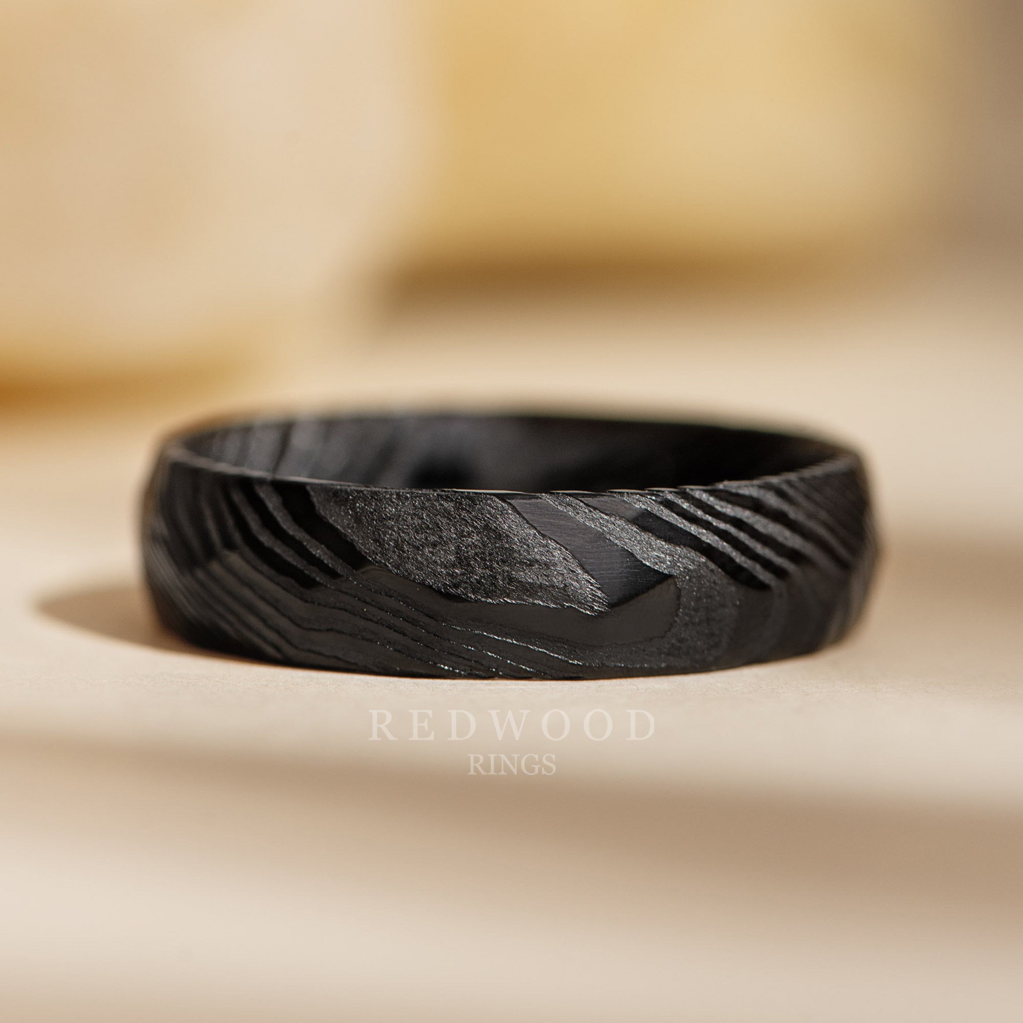 6mm black damascus steel ring, hammered mens black ring