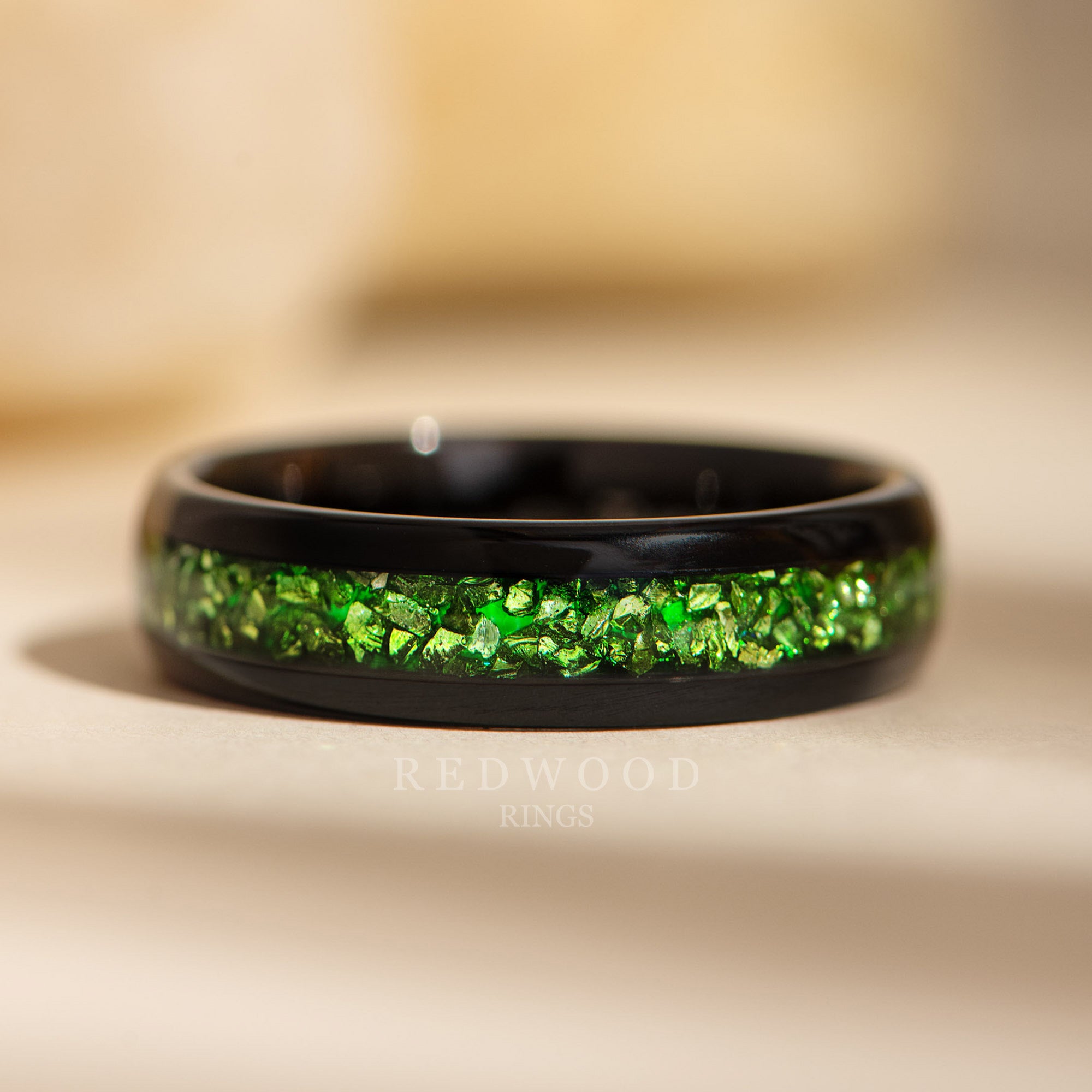 Black Tungsten Ring with Green Lab-Created Emerald Gemstone Inlay