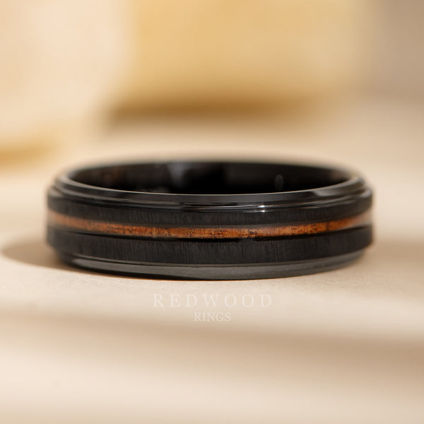 6mm black tungsten ring with koa wood inlay, mens wood engagement band
