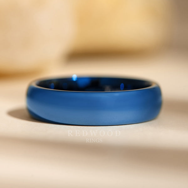 6mm blue plated tungsten ring, polished finish, mens promise ring
