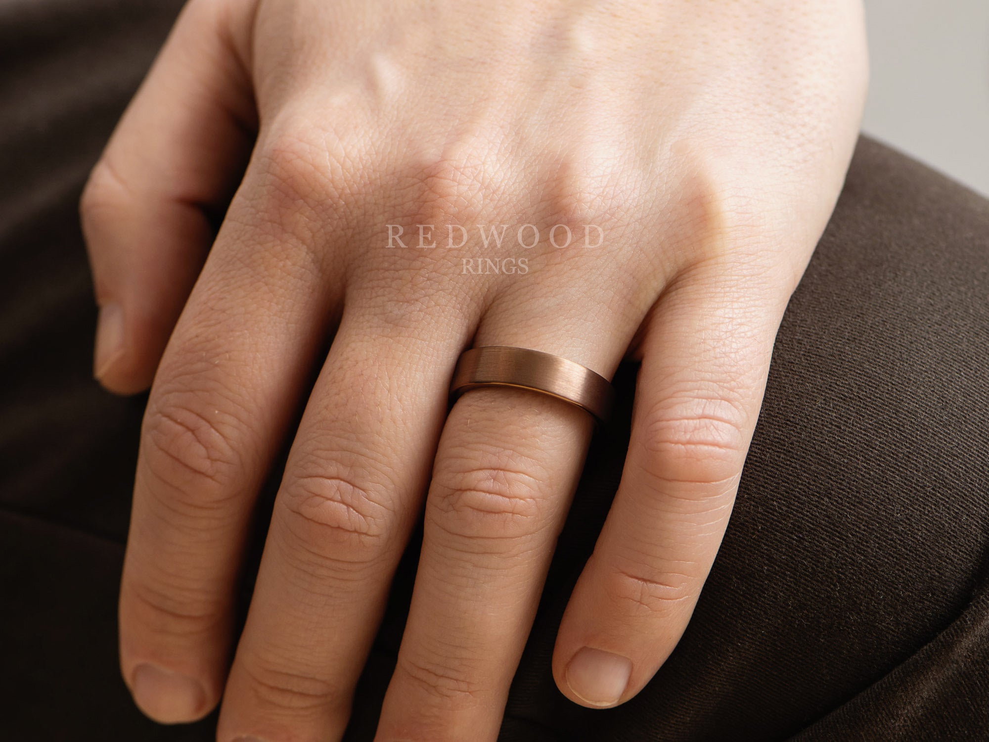 6mm brown plated flat matte tungsten ring, mens hand photo