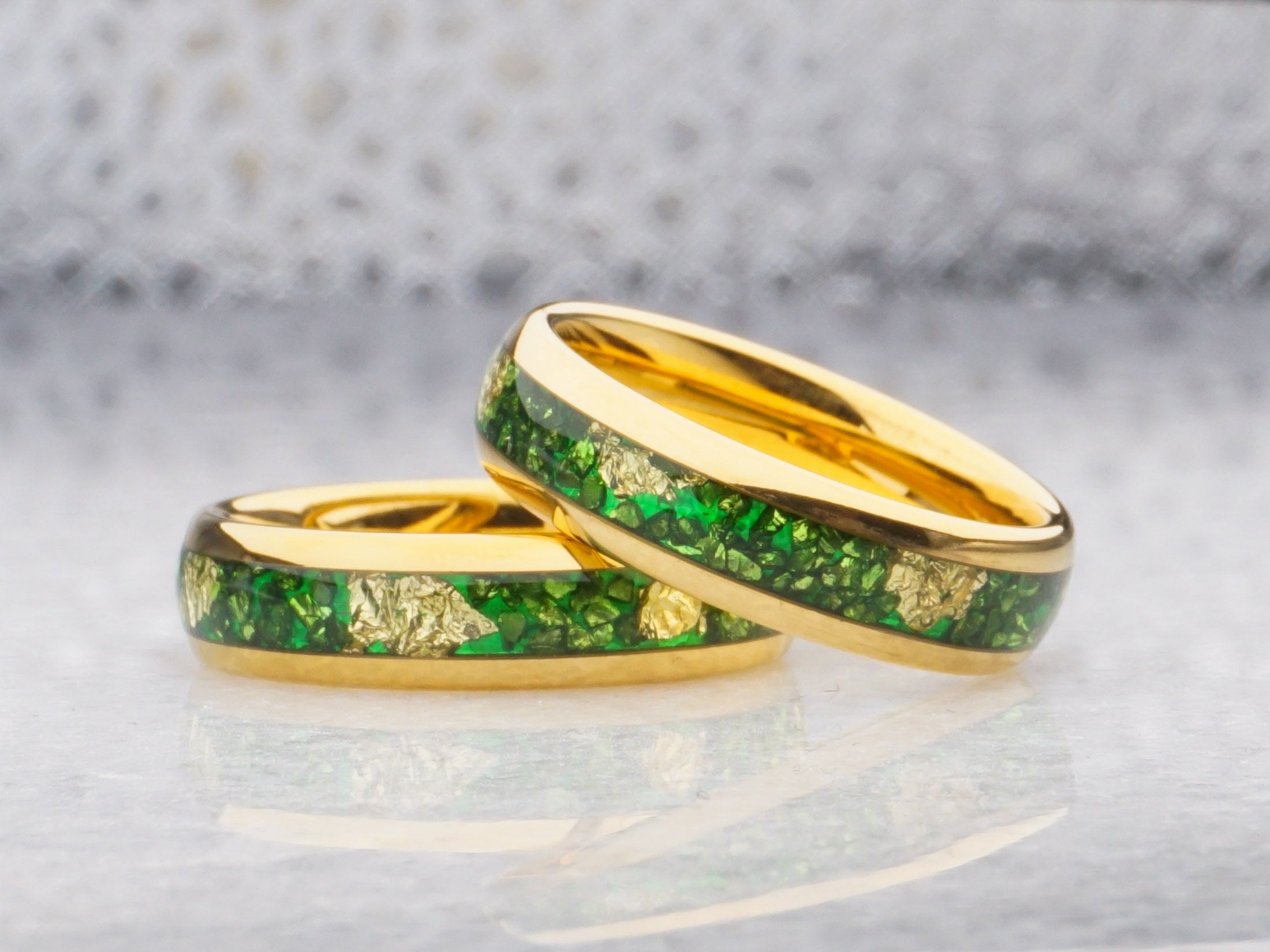 6mm gold emerald ring, polished gold tungsten ring with emerald and gold leaf inlay, unique wedding ring